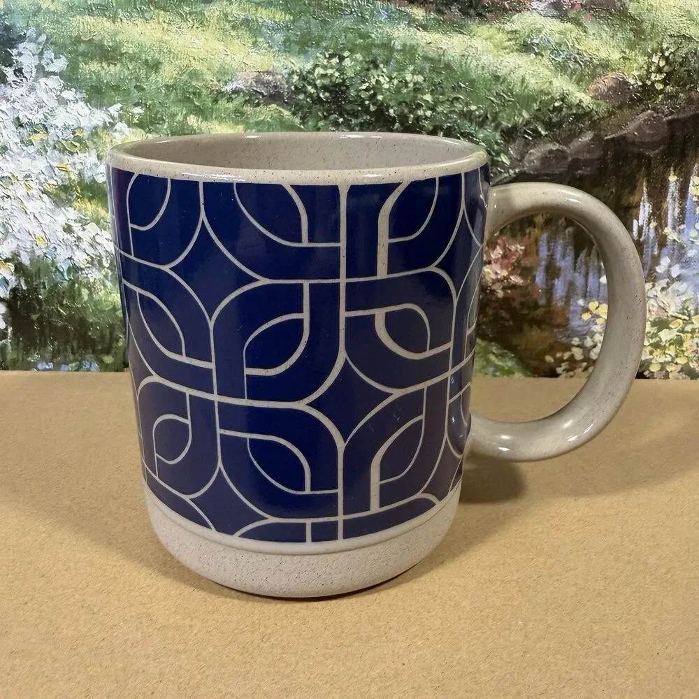 CRACKER BARREL Stoneware  Mug Cup Blue Geometric Design EUC